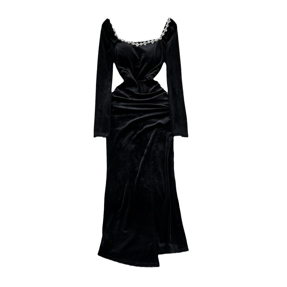 Women's Clothing Evening Dress Long Skirt Lady Temperament Diamond Studded Square Collar Waist Slimming Medium Length Slit Gold Velvet Dress_ecoleips.com