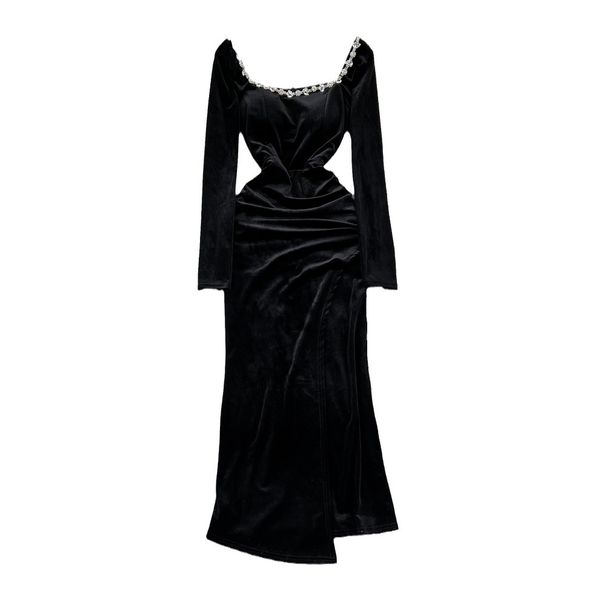 Women's Clothing Evening Dress Long Skirt Lady Temperament Diamond Studded Square Collar Waist Slimming Medium Length Slit Gold Velvet Dress_ecoleips.com