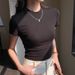 Spring And Summer New Tight Shoulder Small Crew Neck Short-sleeved T-shirt Women Slim Fold Wear High Waist Short Open Button Spice Girl Top_ecoleips.com