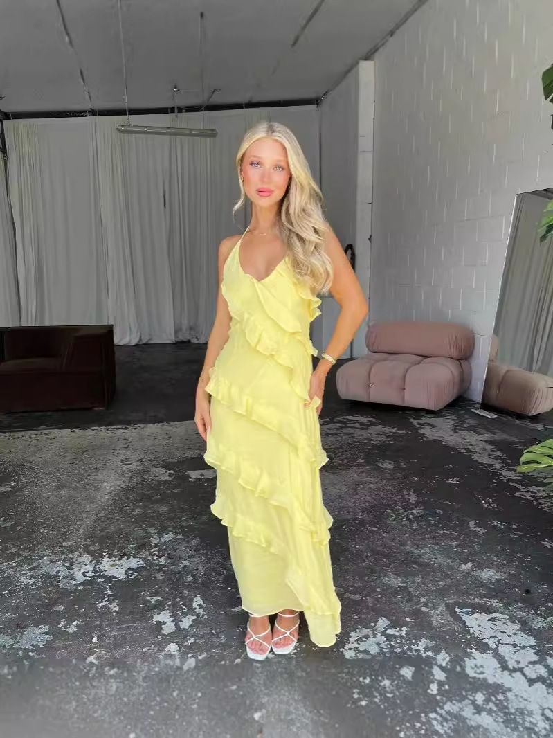 Women's Clothing Fashion Sexy Solid Color Pullover Sleeveless Lace Up Halter Neck Backless Dress Long Dress Female_ecoleips.com