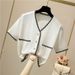 Summer New Women's Elegant Short Knitted Cardigan V Neck Short Sleeved Thin Jacket Woven Top_ecoleips.com