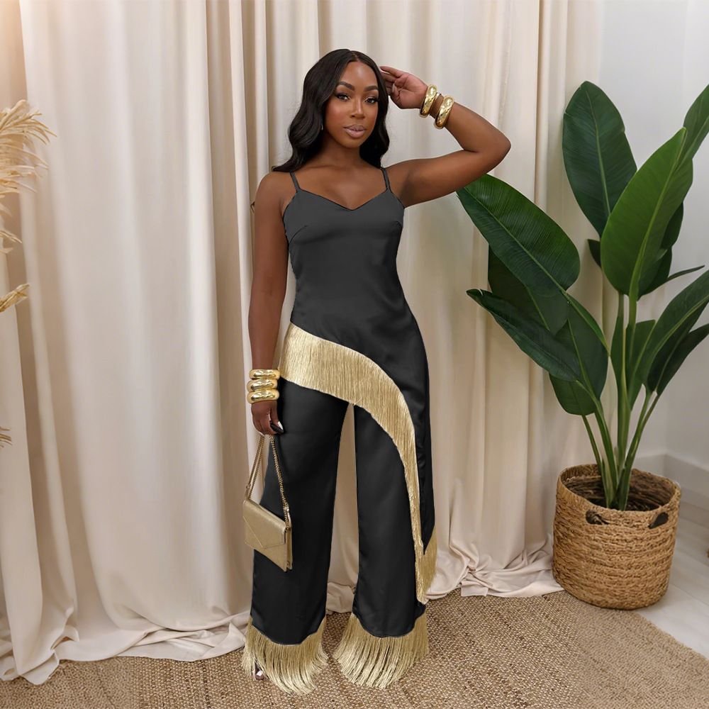 Women's Clothing American Style Camisole Top And Loose Wide Leg Pants Set Tassel Two Piece New Export Style Clothing_ecoleips.com