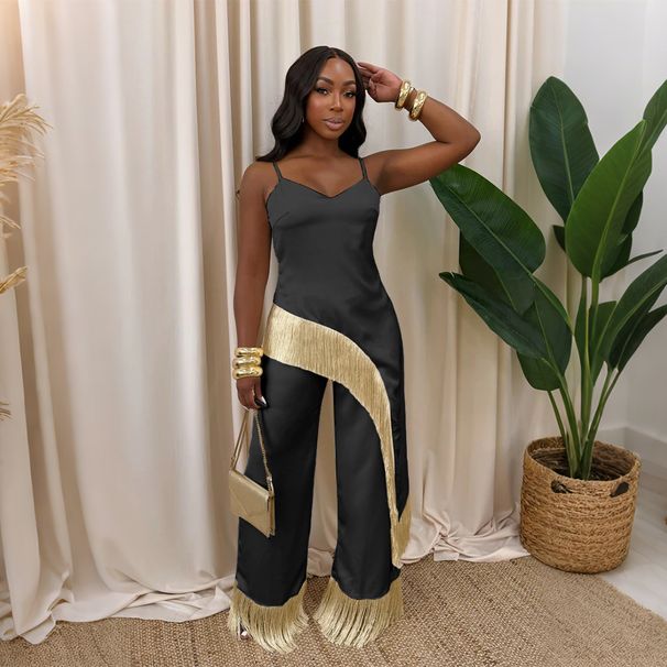 Women's Clothing American Style Camisole Top And Loose Wide Leg Pants Set Tassel Two Piece New Export Style Clothing_ecoleips.com