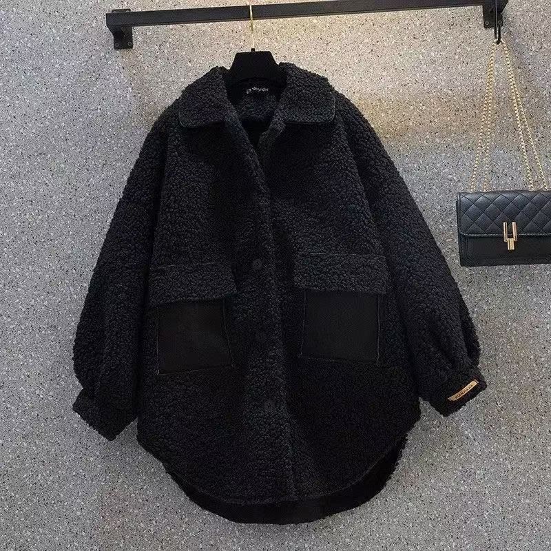 Women's Clothing Plus-Size Shearling-Look Jacket – Chic Hong Kong Style Coat (Coffee/Black, Slimming & Warm)_ecoleips.com