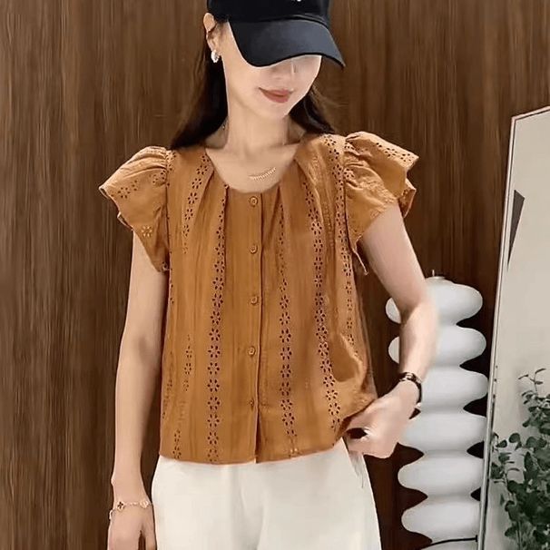 K Embroidered Lace Small Fly Sleeve Shirt With Women's Design Sense, Youthful And Stylish Doll Shirt Top_ecoleips.com