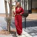 2025 Women's Solid Color Loose Deep V-Neck Long Sleeve Top + Straight-Leg Pants Two-Piece Set_ecoleips.com