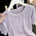 Women's Slimming Round Neck Hollowed Out Ice Silk Knit Short Sleeve T-Shirt Loose Fitting Summer Thin Top_ecoleips.com