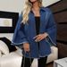 Women's Oversized Denim Jacket, Casual Loose Fringed Raw Hem Shirt Coat With Batwing 3/4 Sleeves, Classic Button Down Lapel Jean Outerwear For Daily W_ecoleips.com
