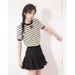 Women's Hong Kong Style Korean Style Knit Top Black And White Striped Short Sleeve Hollowed Out Round Neck Loose Slimming Short Top For New Spring_ecoleips.com
