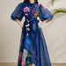 Elegant French Dress For Women Summer Palace Style Waist Hugging 3D Flower Lantern Sleeves Printed Mesh Long Skirt_ecoleips.com