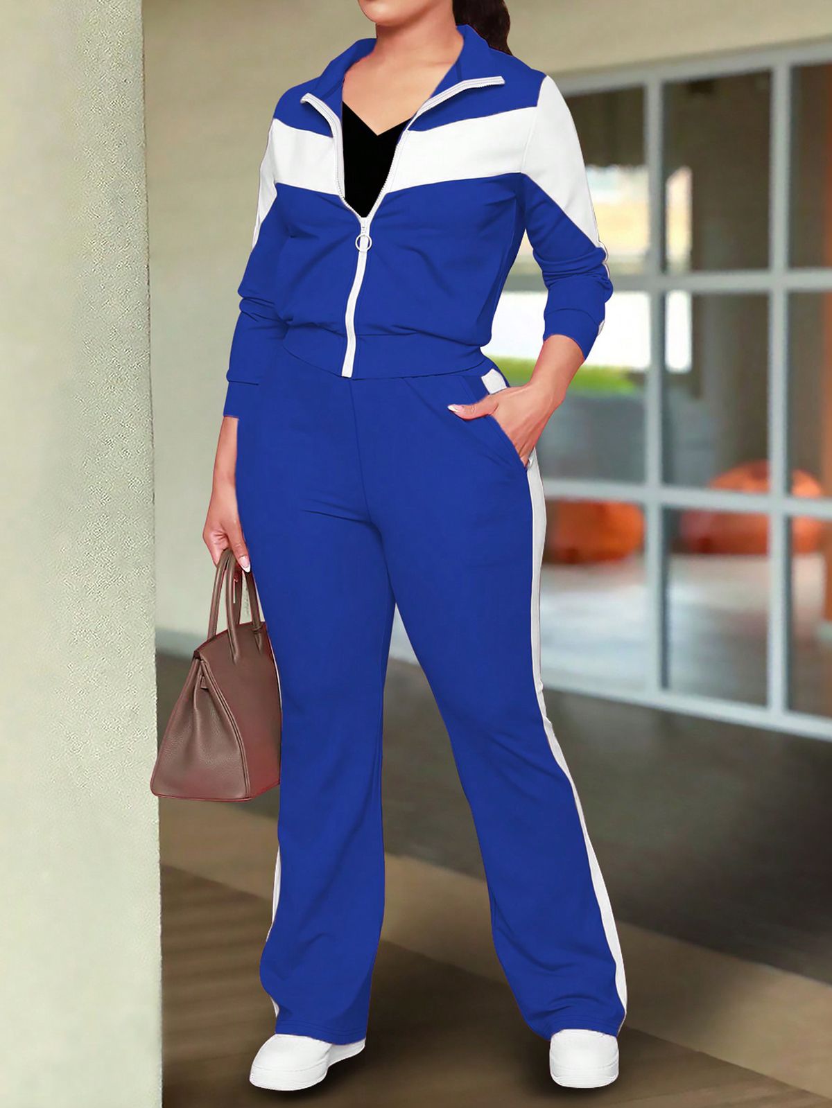 Women's Clothing Fashionable And Comfortable Contrast Color Stitching Sports Style Zipper Jacket And Casual Trousers_ecoleips.com