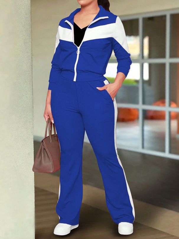 Women's Clothing Fashionable And Comfortable Contrast Color Stitching Sports Style Zipper Jacket And Casual Trousers_ecoleips.com