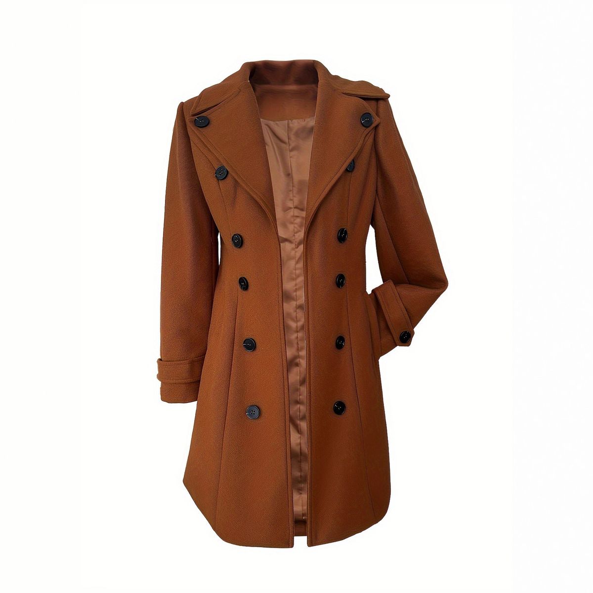 Elegant Women's Double Breasted Woolen Coat Solid Color European American Style Spring Autumn Winter Regular Fit Fashion Overcoat_ecoleips.com