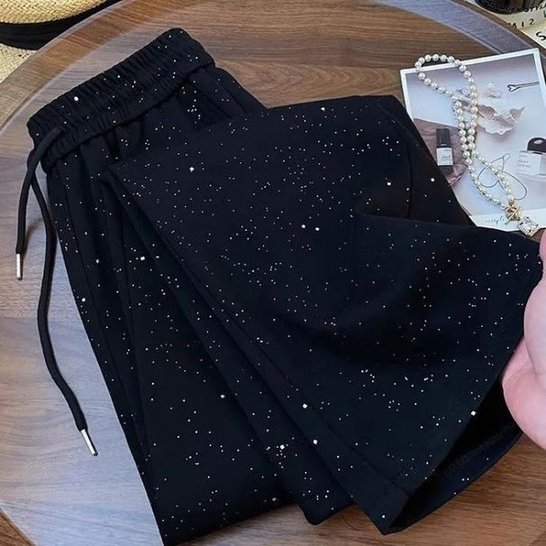 Women's Clothing Glittering Starry Sky Ice Silk Women's Wide Leg Pants Summer Pure Desire Style New High Waist Straight Floor Length Black Trousers_ecoleips.com