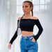 Voya Women's Streetwear Hot Girl Internet Celebrity Casual One Collar Knitted Long Sleeved Ultra Short T-shirt Top_ecoleips.com