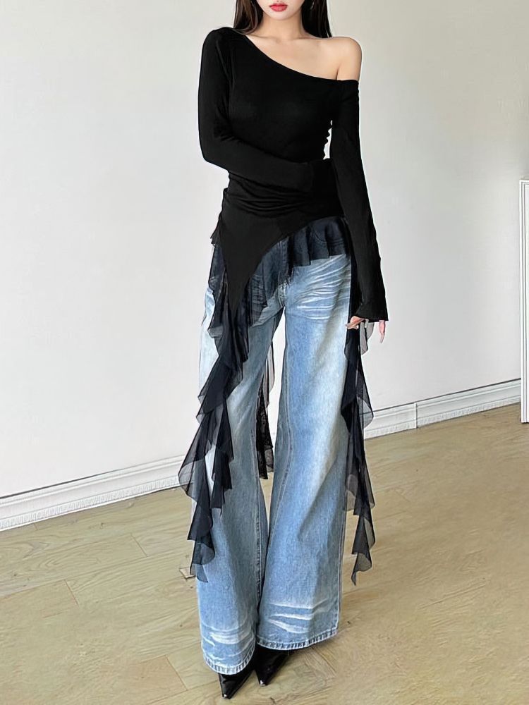 Ruffles Tassel Off Shoulder Long Sleeve T Shirt Women Sweet Gentle Streetwear Party Basic Top Tees Shirt Sexy 2025 New_ecoleips.com