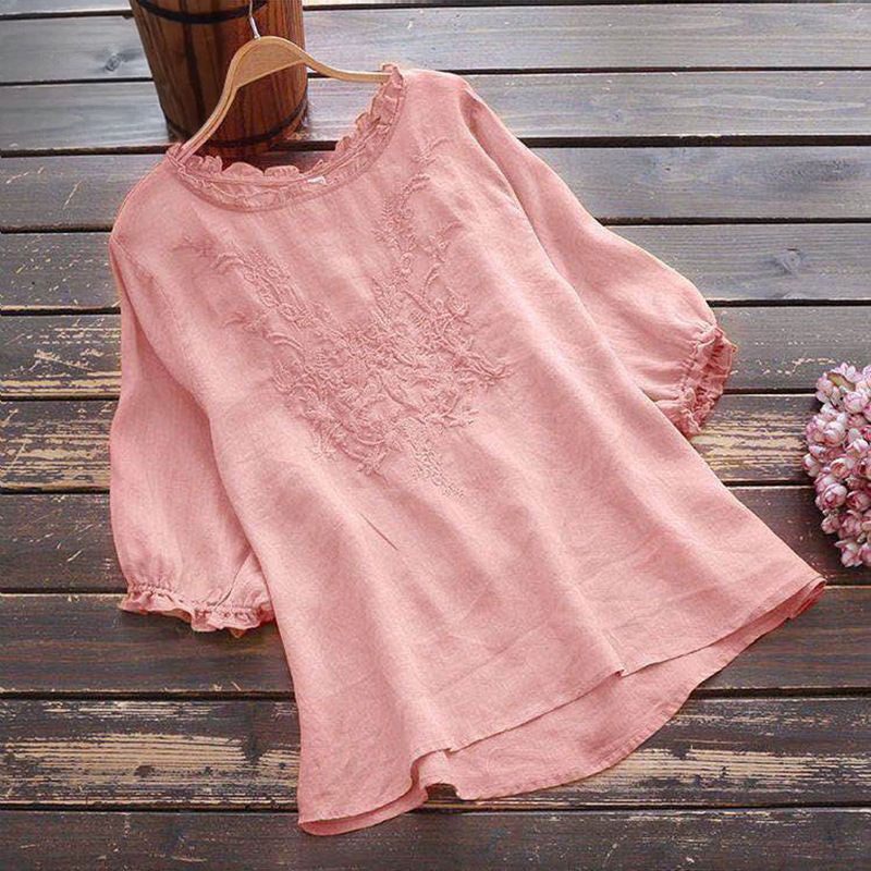 Breathable Linen Cotton Blend Plus Size Embroidered T-Shirt For Women - Loose Fit Bohemian Style Casual Top With Short Sleeves_ecoleips.com