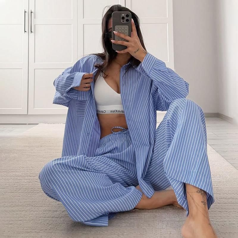 Women's Clothing Fashionable Casual Striped Shirt And Trousers Two Piece Set For Women Loose Fit Style For Formal & Casual For Women_ecoleips.com