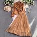 European And American Style Light Heavy Metal Flower Buckle Suit Waist Slimming Jacket + Fairy Mesh Long Skirt_ecoleips.com
