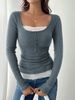 Women's Slim Long Sleeve Top Square Neck Lace Patchwork Single Breasted Fashion_ecoleips.com