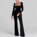 Women's Clothing Diamond Velvet Square Collar Long Sleeve High Waist Slim Flared Jumpsuit_ecoleips.com