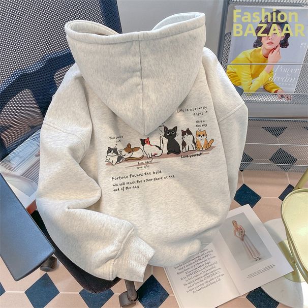 Teen Hooded Sweatshirt Women's American Retro Style Fleece Lined Thickened Trendy Brand Loose Fitting Versatile Coat for Autumn/Winter_ecoleips.com