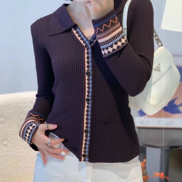 French Retro Ethnic Style V-neck Jacquard Knitted Cardigan Women, Fashionable Exquisite, Slimming Age-reducing Top For_ecoleips.com