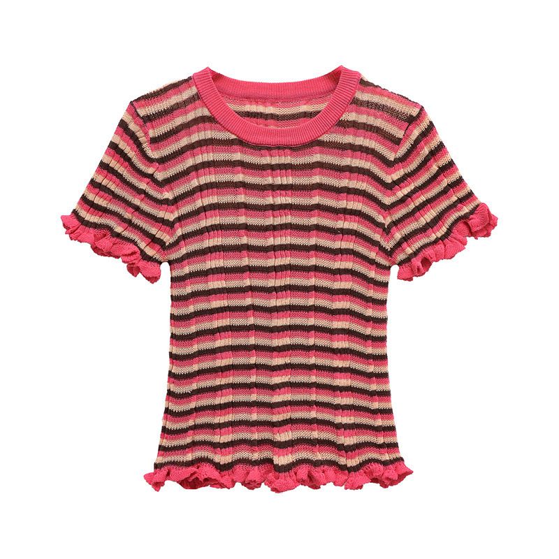 Women's Clothing 2025 Summer New Round Neck Contrasting Striped Knitted T-shirt Women's Top L28171_ecoleips.com