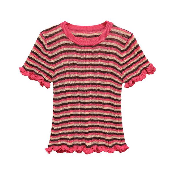 Women's Clothing 2025 Summer New Round Neck Contrasting Striped Knitted T-shirt Women's Top L28171_ecoleips.com