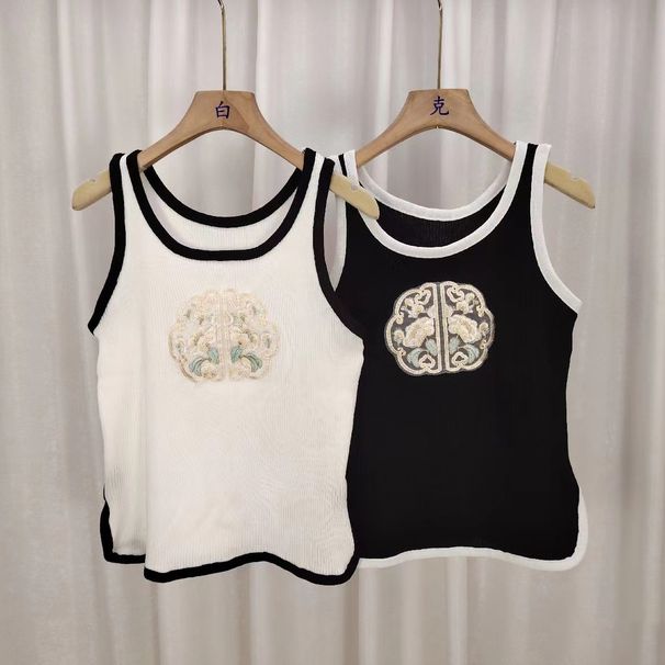 retro Knitted Camisole For Women, 2024 Summer Model, New Chinese-style Embroidered Sleeveless Top_ecoleips.com