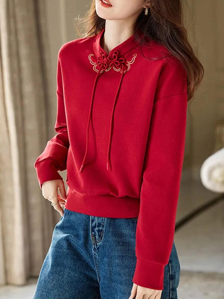 New Chinese-Style Stand Collar Frog Button Long-Sleeve Sweatshirt, Autumn And Winter, Fleece-Lined And Thickened, Tradit_ecoleips.com