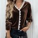 Elegant Vintage Velvet Blouse With V-Neck & Lace Trim - Fall/Winter Boho Chic Shirt For Women, Loose Fit With Puff Sleeves (Brown, S/M/L/Xl)_ecoleips.com