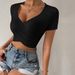 Voya Spring And Summer New Women's Sexy V-neck Slim Fit Ultra Short T-shirt Short Sleeved Knitted Solid Color Top_ecoleips.com