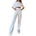 Women's Clothing Set Fashion Round Neck Short Sleeve Top Straight Trousers Solid Color Two-piece Set_ecoleips.com