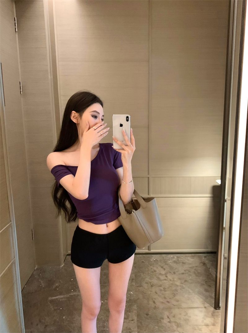 Women's Clothing Pure Desire Oblique Off Shoulder Short Sleeved T Shirt Female New Short Style Navel Exposed Slim Fitting Versatile Student Tops_ecoleips.com