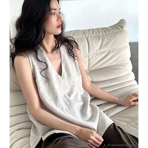 High-End Designer Women's V Neck Halter Top 100% Linen Summer Vacation Top_ecoleips.com