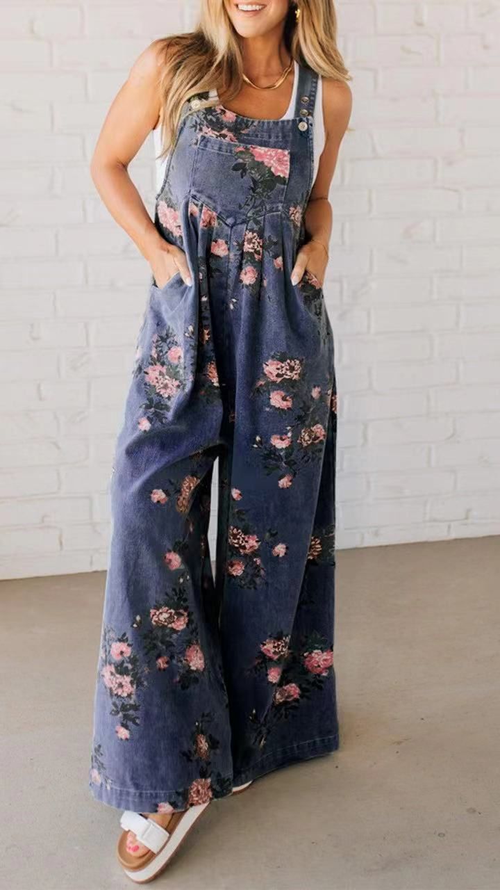 Women's Clothing Summer Denim Floral Print Jumpsuit Women's Sleeveless Casual Overalls European And American Style Fashion Jumpsuits Rompers_ecoleips.com