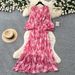 Women's French Style Floral Print Dress Korean Long Sleeve Fitted Waist a Line Elegant Sophisticated Resort Inspired Spring Autumn_ecoleips.com