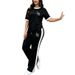 Summer Fashion Women's LA Logo Color Block round Neck Short Sleeve Loose Casual Wide Leg Pants Two Piece Set_ecoleips.com