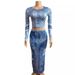 Women’s Clothing New Two Piece Suit Denim Print Round Neck Long Sleeved Top Slim Hip Long Skirt_ecoleips.com