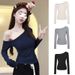 Women's Off-Shoulder Long Sleeve T-Shirt Slim Fit Basic Stretchy Soft Comfortable Top For Everyday Wear Buttery Soft Fabric_ecoleips.com