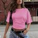 Summer Solid Color Women's T-Shirt Crew Neck Short Sleeve Gathered Slim Waist Hot Selling_ecoleips.com