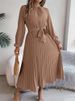 Elegant Stand Collar Full Sleeve Closed Waist Pleated Dress Women Autumn Winter Long Dress_ecoleips.com