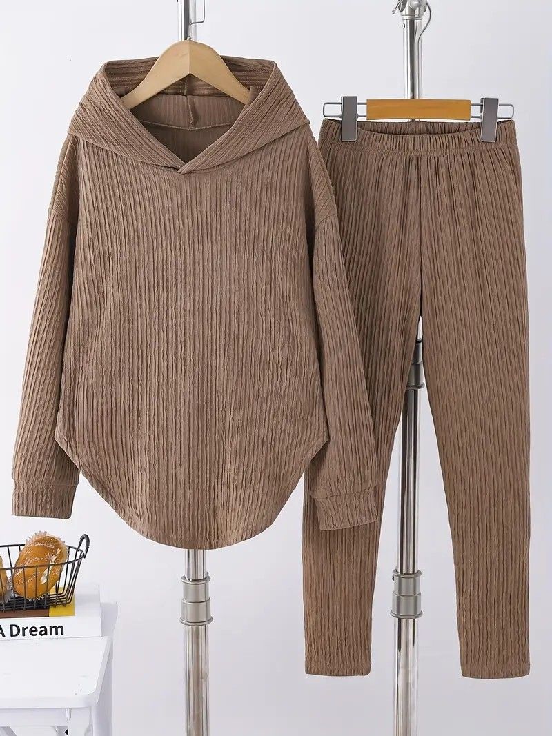Women's Casual Hooded Lounge Set Long Sleeve Pants Two-Piece Outfit Soft Comfortable Pullover Jogger Pajamas For Home Relaxation_ecoleips.com