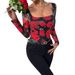 Women's French Romantic Rose Floral Mesh Print U Neck T-Shirt Autumn New Sexy Top_ecoleips.com