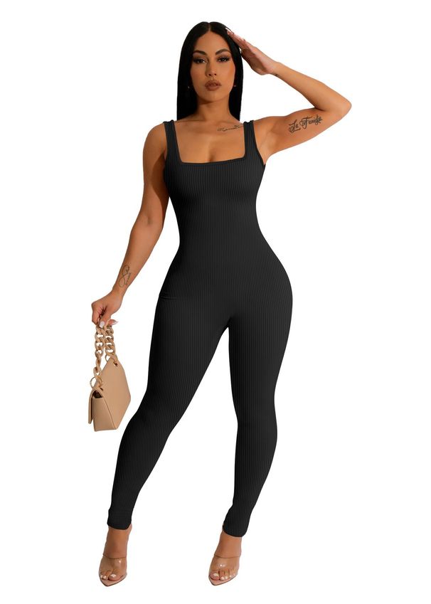 Women's Solid Color Sleeveless Vest Bodysuit Ribbed Square Neck Backless Hip Lifting Slim Fitting Sports Jumpsuit Clothing_ecoleips.com