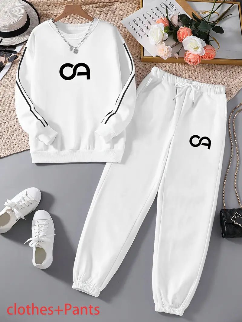 Men's Casual Letter Print Hoodie & Jogger Set - Soft Polyester Loungewear For Winter, Streetwear Two-Piece Outfit (S-Xxl, White/Black)_ecoleips.com