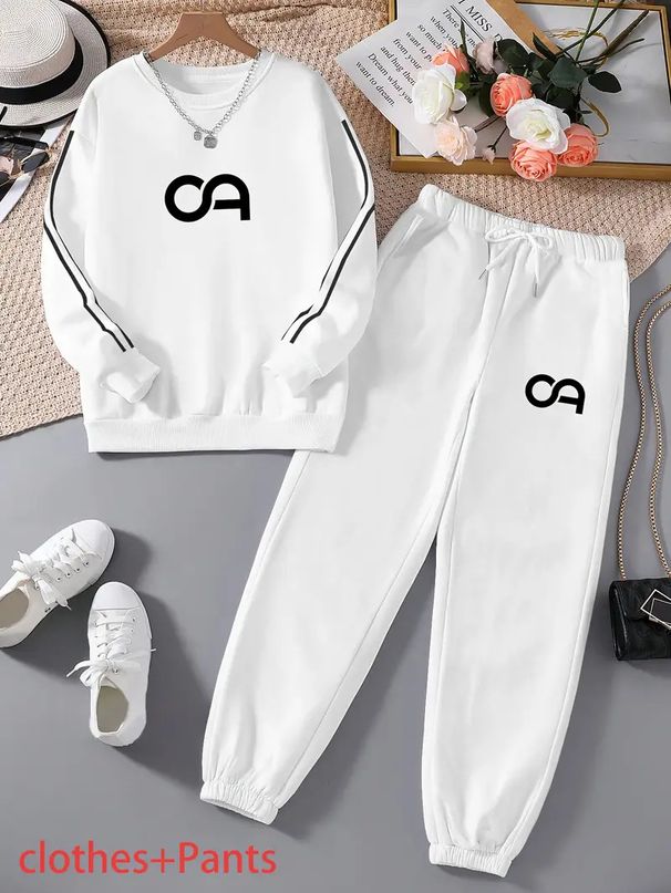Men's Casual Letter Print Hoodie & Jogger Set - Soft Polyester Loungewear For Winter, Streetwear Two-Piece Outfit (S-Xxl, White/Black)_ecoleips.com