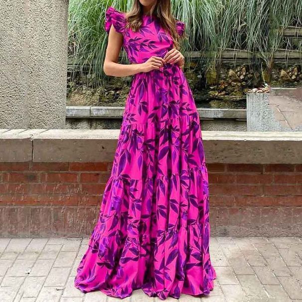Red Carpet Evening Dress, Spring Women's Fashion, Printed Flying Sleeves, High-Waisted Dress For Women_ecoleips.com