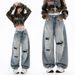 Women's High-Waisted Slimming Ripped Wide Leg Jeans Loose Fitting Floor Length Pants American Style Denim_ecoleips.com